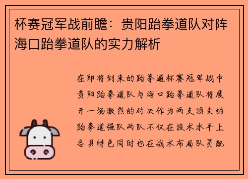 杯赛冠军战前瞻：贵阳跆拳道队对阵海口跆拳道队的实力解析
